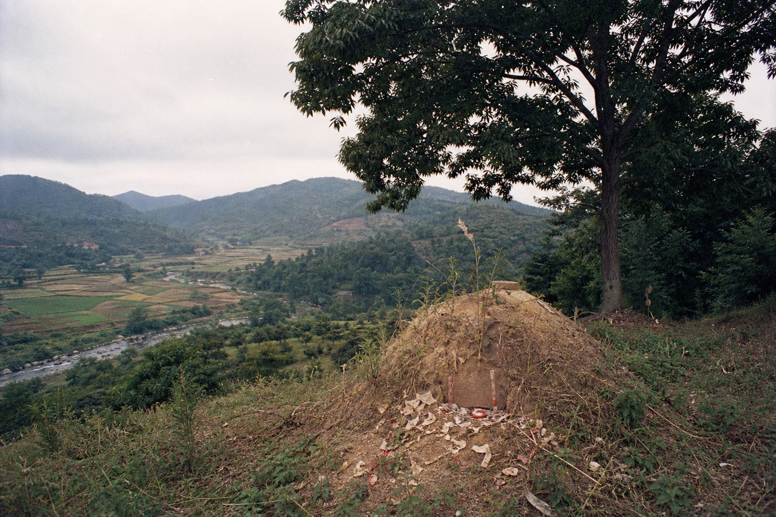 山坡上一座留有贡品的小土堆